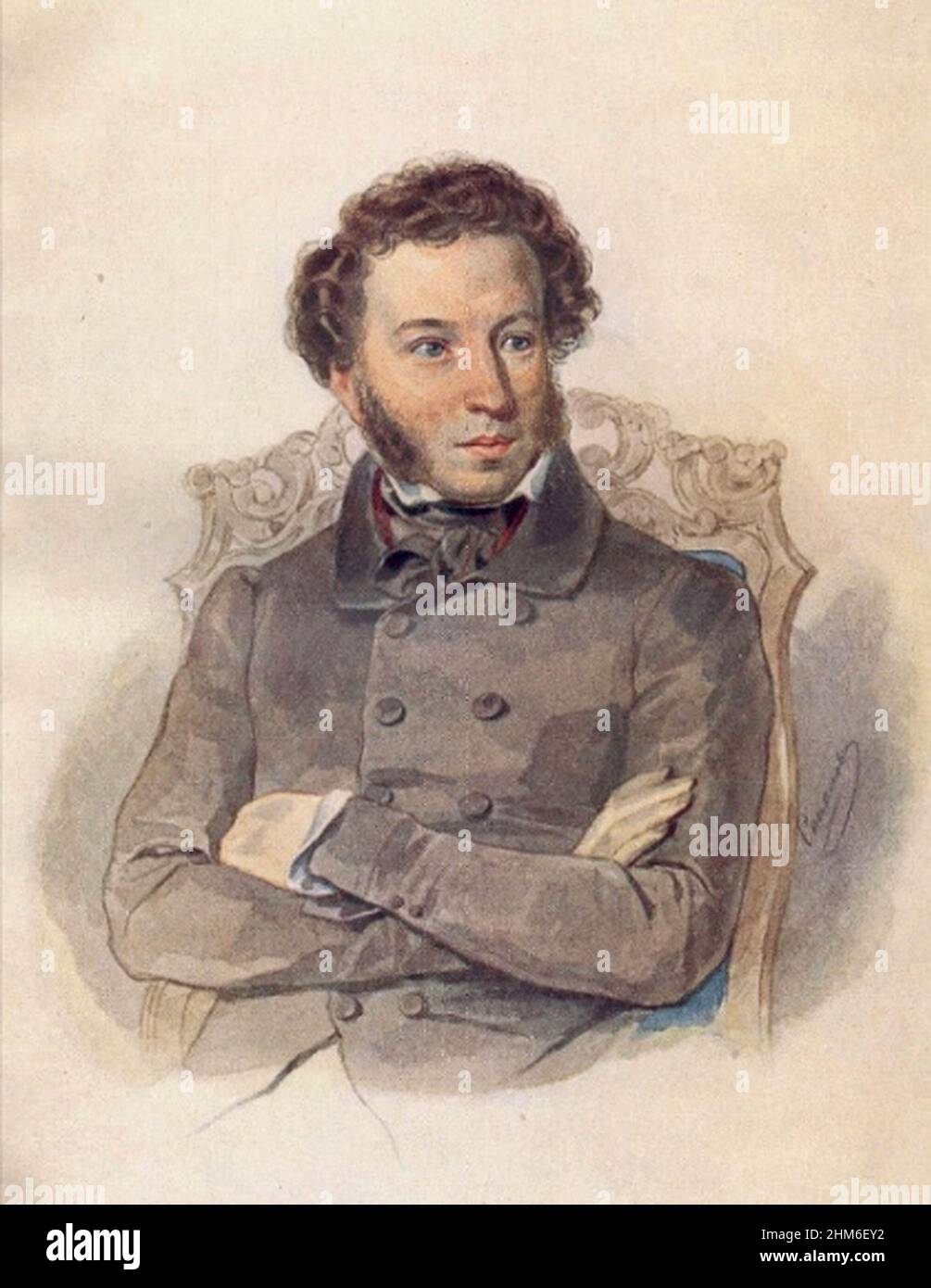 Ein Porträt des russischen Schriftstellers Alexander Puschkin, Autor von Eugene Onegin, von 1836, als er 37 Jahre alt war. Stockfoto