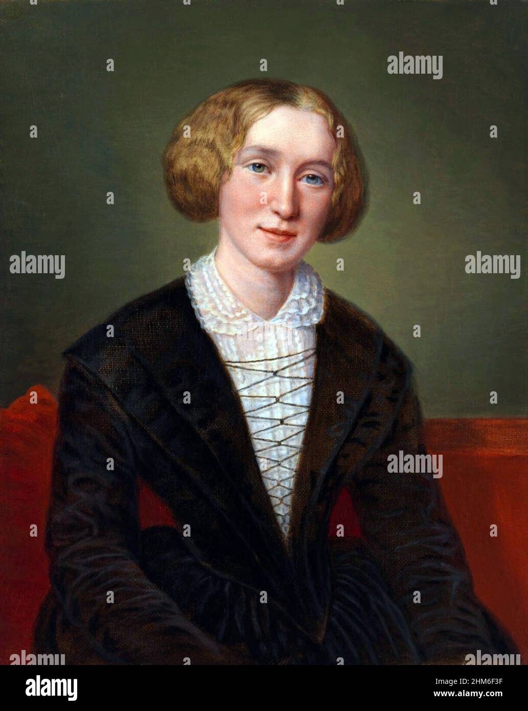 Ein Porträt des englischen Schriftstellers George Eliot, das der Nom de Plume von Mary Ann Evans war, von 1850, als sie 31 war. Porträt von Francois D'Albert Durade. Stockfoto