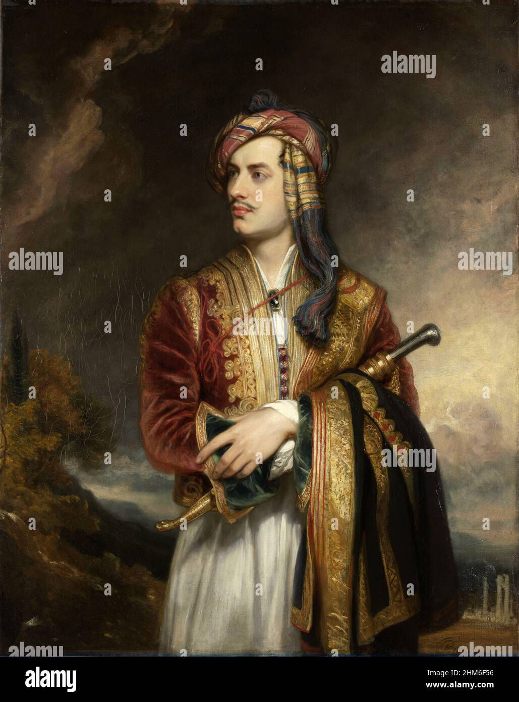Ein Porträt des englischen Dichters Lord Byron (voller Name George Gordon Byron, 6th Baron Byron) in albanischem Kleidgemälde von Thomas Phillips. Stockfoto
