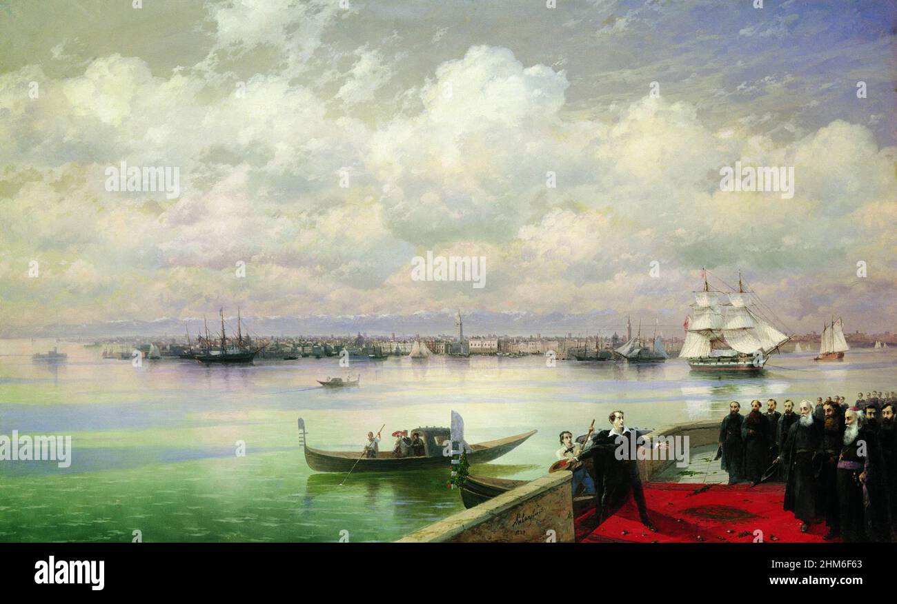 Porträt des englischen Dichters Lord Byron (voller Name George Gordon Byron, 6th Baron Byron) bei seinem Besuch in San Lazzaro, Venedig. Gemälde von Ivan Aivazovsky Stockfoto