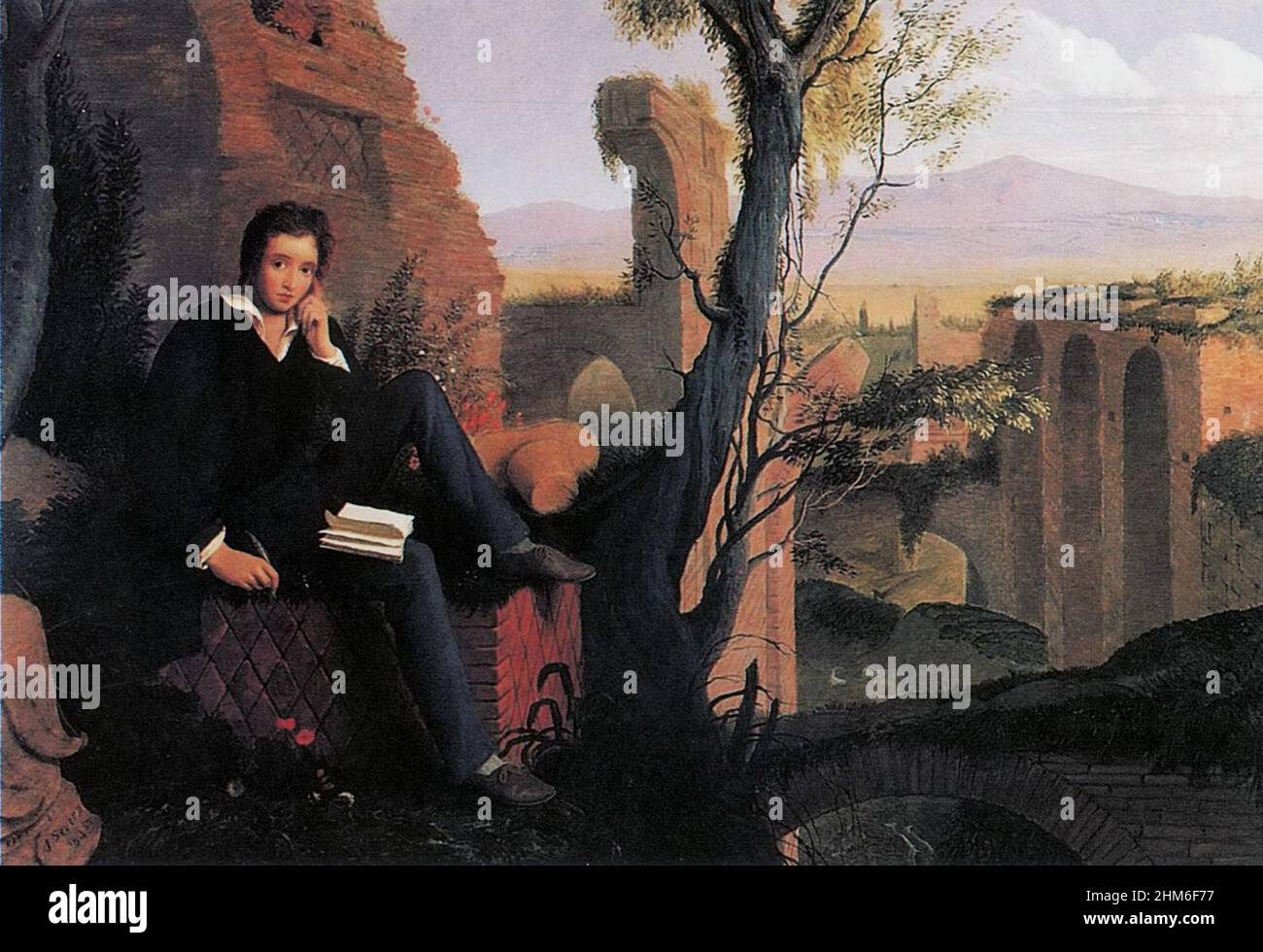 Ein Porträt des englischen Dichters und Schriftstellers Percy Bysshe Shelley, der Prometheus Unbound schreibt. Gemälde von Joseph Severn Stockfoto