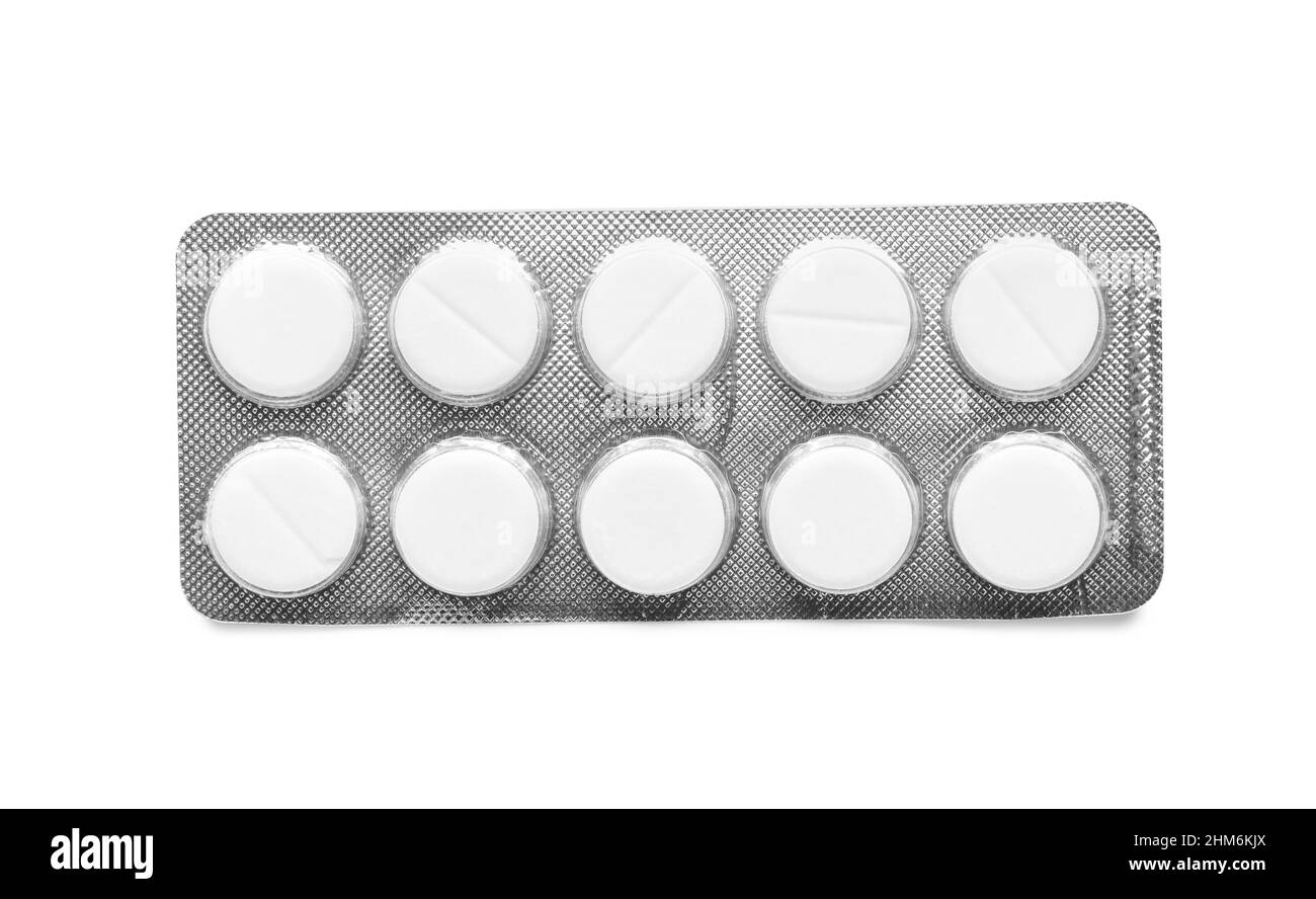 Blisterpackung mit Tabletten isoliert auf weißem Hintergrund Stockfoto