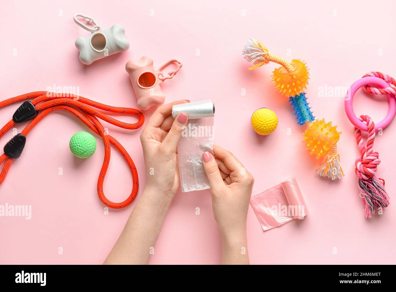 Weibliche Hände mit Haustier Abfallbeutel und Zubehör auf rosa Hintergrund Stockfoto
