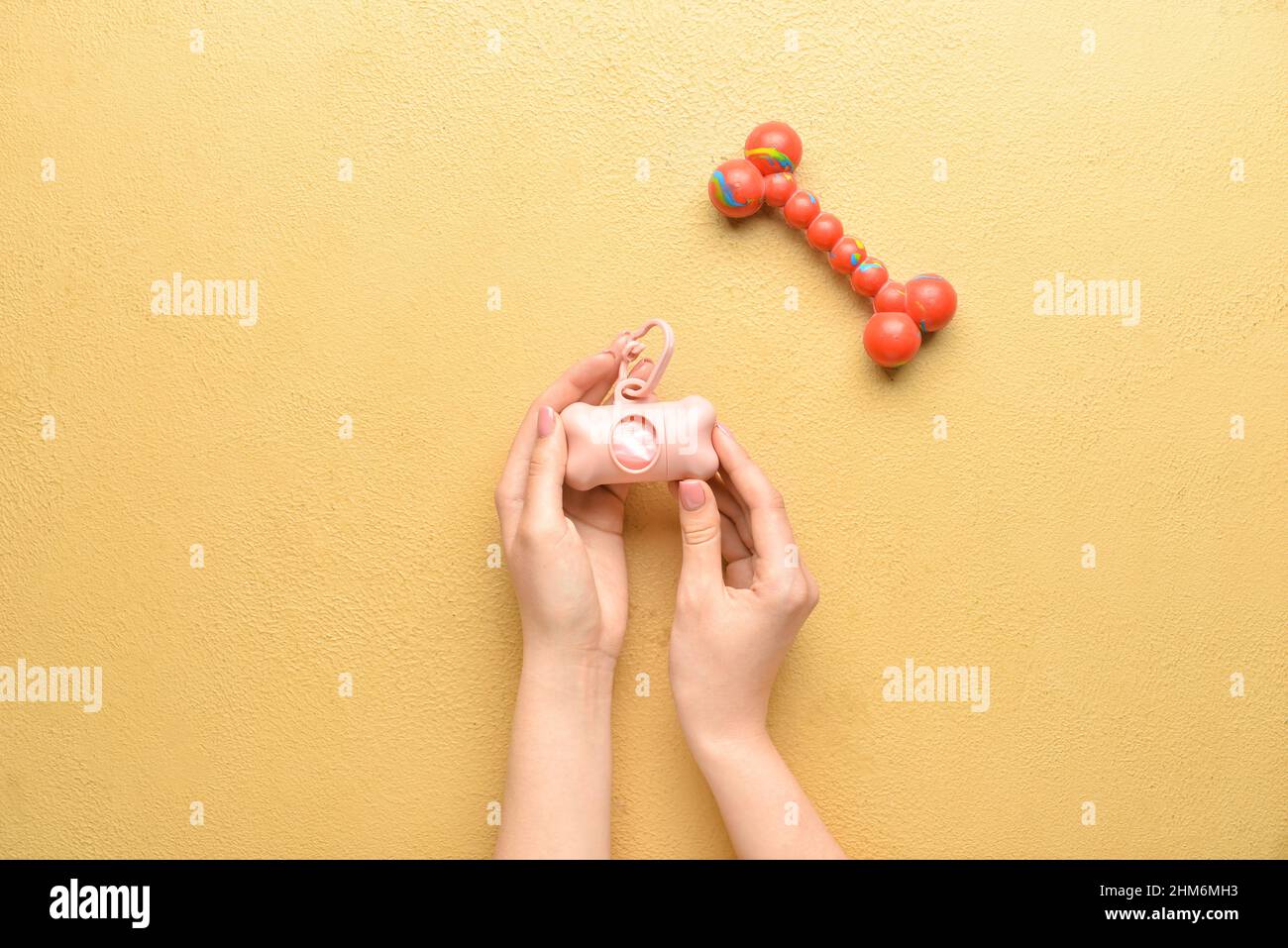 Weibliche Hände mit Haustier Abfallbeutel und Spielzeug auf farbigem Hintergrund, Nahaufnahme Stockfoto