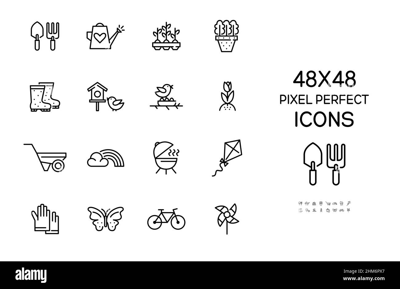 Frühlings-Aktivitäten und Gartenbau-Ikonen eingestellt. Wie Schmetterling, Fahrrad, Sämling, Regenbogen, bbq. Pixel Perfect, bearbeitbare Kontur 48 x 48 Symbole Stock Vektor