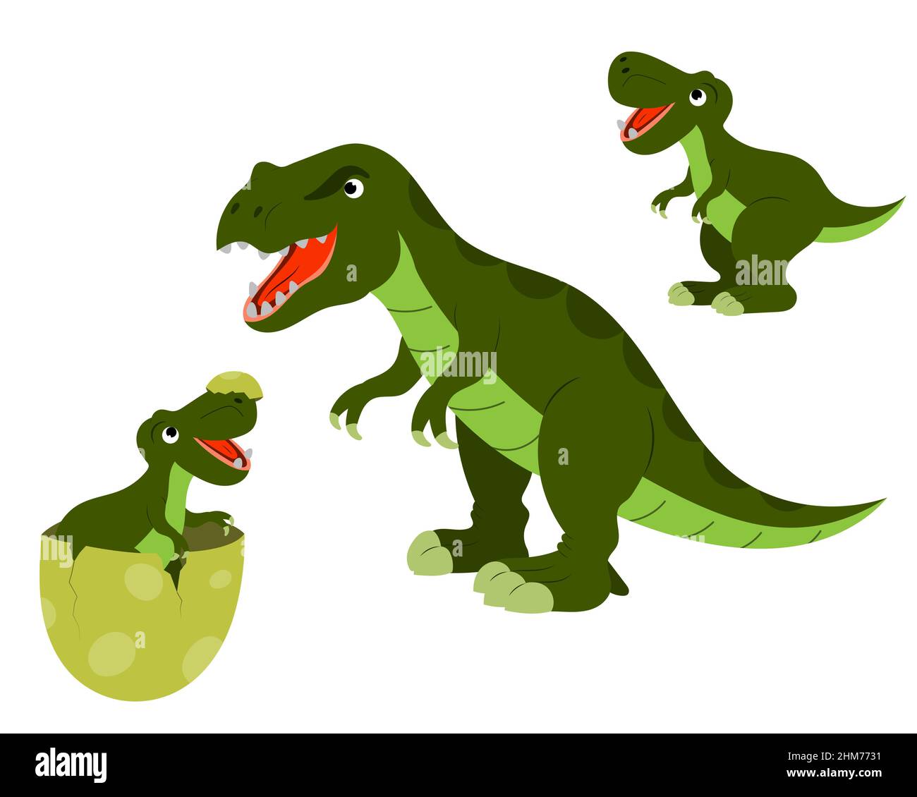 Eine Reihe von niedlichen Cartoon Tyrannosaurus Dinosaurier, ein Baby in einem Ei und ein Erwachsener Dinosaurier. vektor isoliert auf einem weißen Hintergrund. Stock Vektor