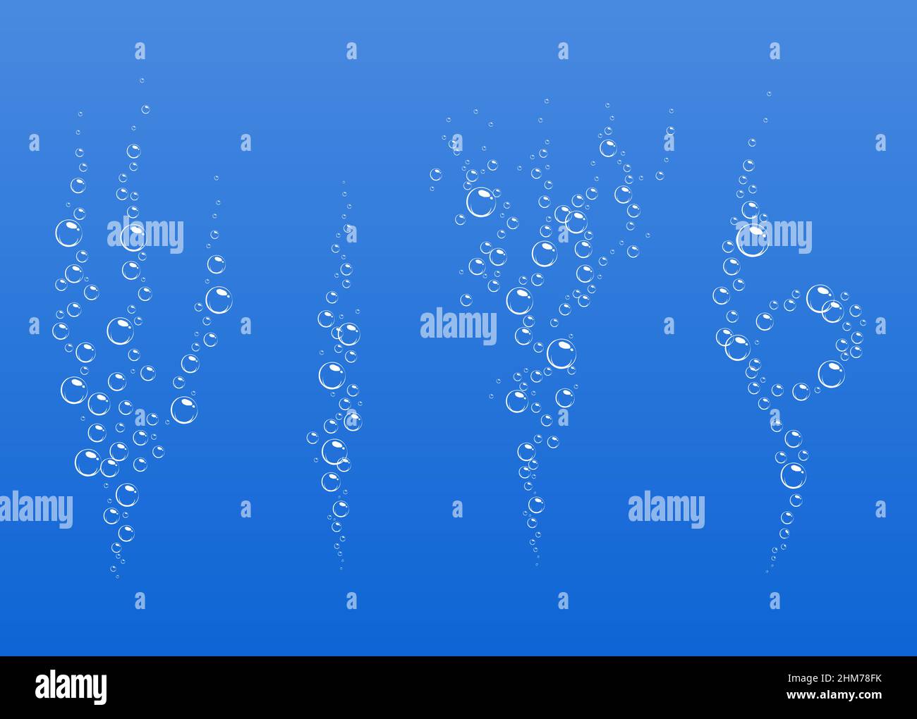 Cartoon fizzing Strömung der Luft Unterwasserblasen in Wasser, Soda, Meer. Schaumstoffblasen. Vektorgrafik auf blauem Hintergrund. Stock Vektor