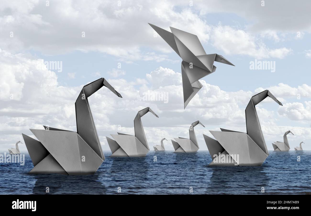 Ändern Sie Ihr Lebenskonzept und furchtlosen Mut Symbol als Origami Schwäne schweben auf dem Wasser mit einem selbstbewussten Vogel aufstehen und wegfliegen stellvertretend. Stockfoto