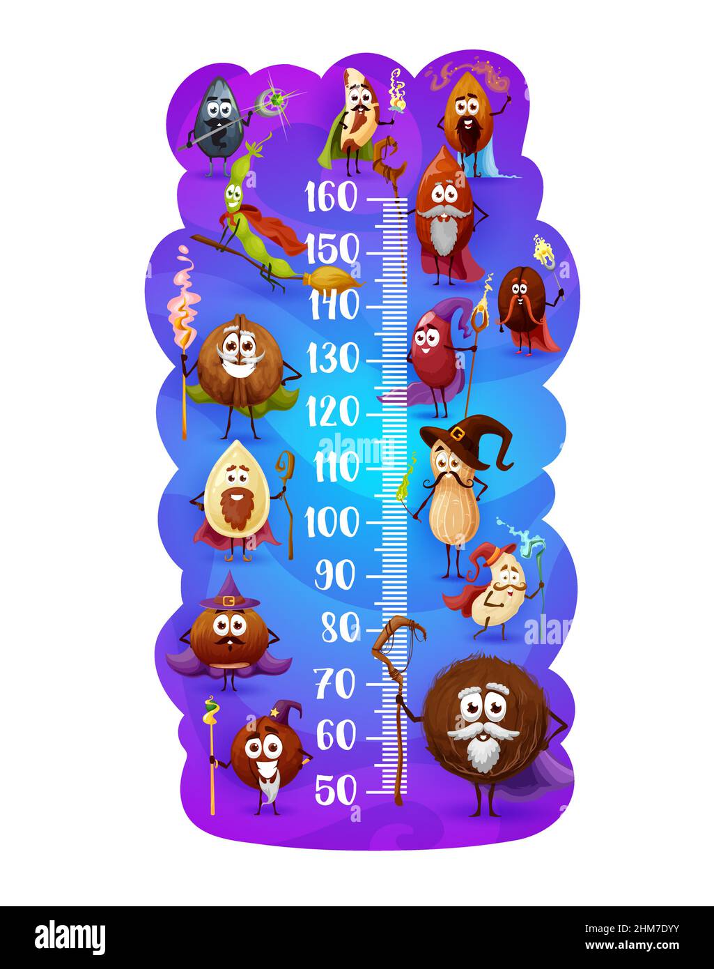 Größentabelle für Kinder. Magier und Zauberer Nüsse Wachstum Meter Lineal. Vektor-Wandaufkleber mit Cartoon-Kokosnuss, Pumpkin, Sonnenblumenkerne, Erdnuss und Mandel, c Stock Vektor