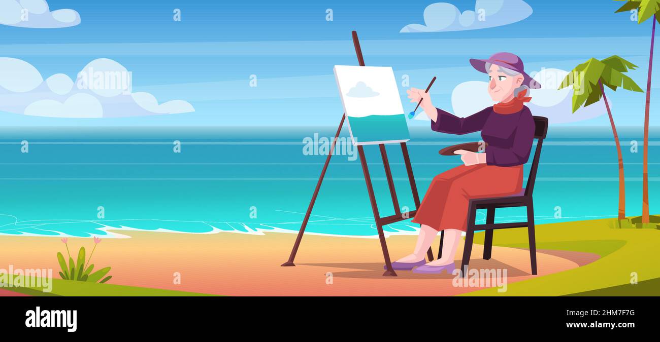 Ältere Frau malt am Strand auf dem Freiluftmarkt. Vektor-Cartoon-Illustration der Sommer tropischen Landschaft des Ozeans Küste mit Sand, Palmen und Großmutter sitzen auf einem Stuhl mit Pinsel und Staffelei Stock Vektor