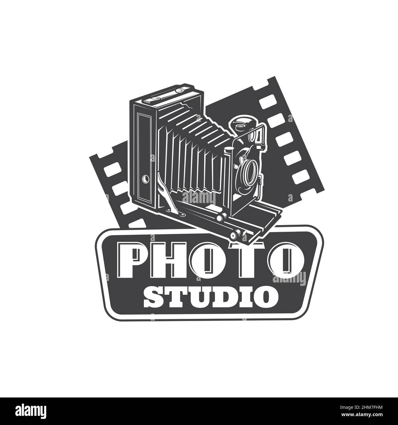 Fotostudio-Symbol mit Kamera. Vector Retro-Emblem mit monochromer Vintage-Kamera mit Klapplinse und Filmrolle. Antike Schießgeräte, Photogr Stock Vektor