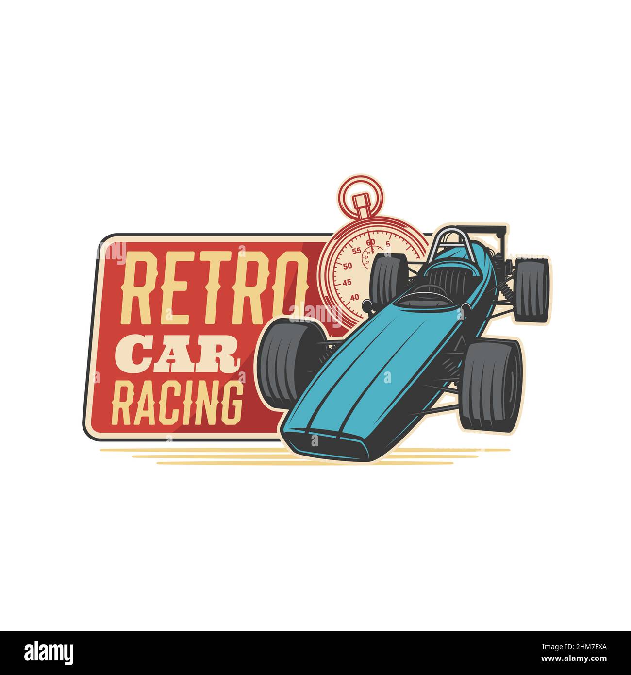 Retro-Rennsport-Ikone. Motor Rennen Vektor Vintage-Emblem mit Bolide Fahrzeug und Stoppuhr. Rallye-Meisterschaftsrennen, seltener alter Transport-Grand-prix Stock Vektor