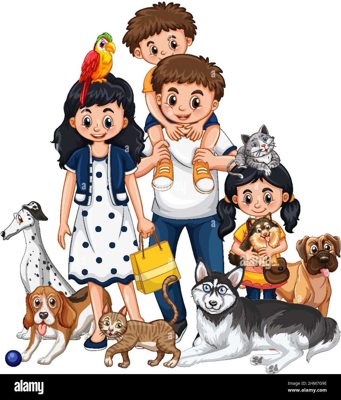 Glückliche Familienmitglieder mit vielen Hunden Illustration Stock Vektor