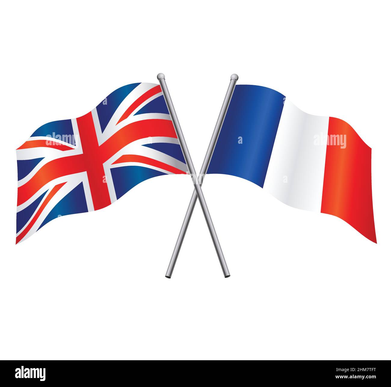 Großbritannien großbritannien vereinigtes Königreich und frankreich Flaggen im Beziehungsbündnis oder gegen gekreuzten Vektor isoliert auf weißem Hintergrund Stock Vektor