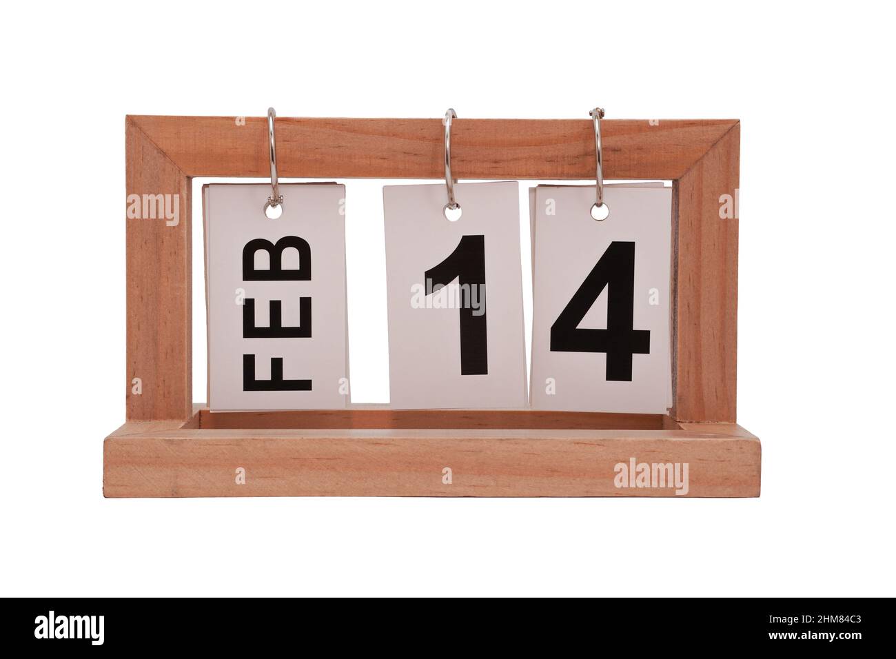 14 Februar Tageskalenderdatum. Valentinstag. Holzinterieur Kalender isoliert auf weißem Hintergrund. Stockfoto