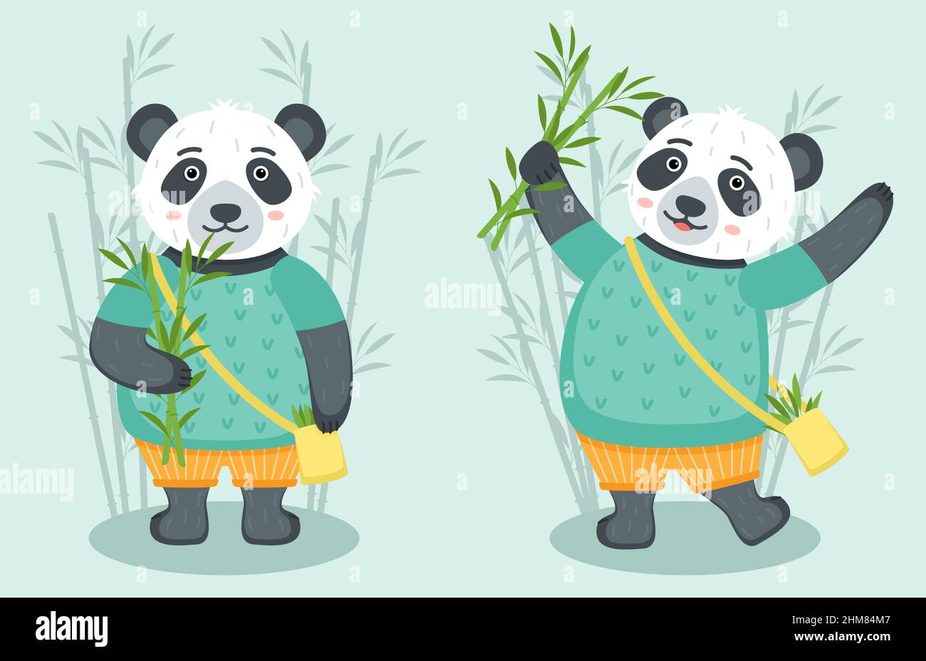 Set von niedlichen Pandas mit Bambus, Vektor-Illustration Stock Vektor