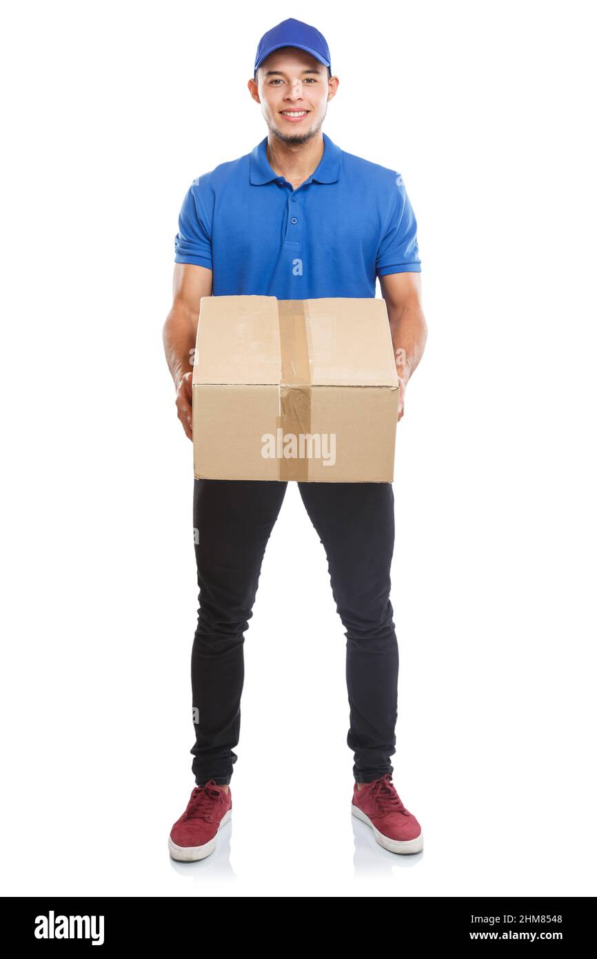 Junger Mann Paketzustellung Paket Paket Auftrag liefern Ganzkörper-Porträt isoliert auf einem weißen Hintergrund Stockfoto