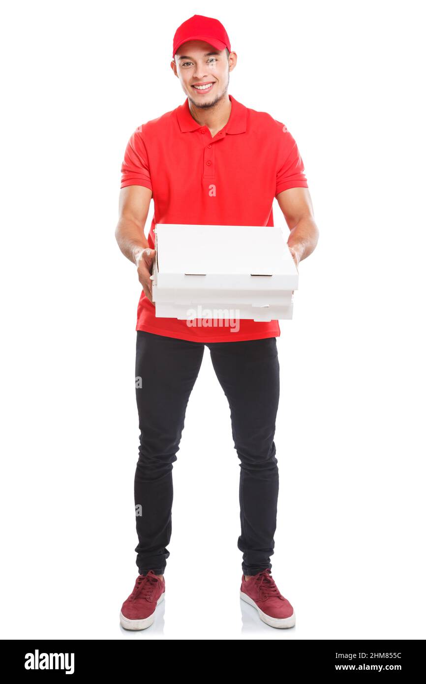 Pizza Lieferung latin Mann Junge Auftrag liefern bringen Ganzkörper Porträt liefern Box isoliert auf weißem Hintergrund Stockfoto