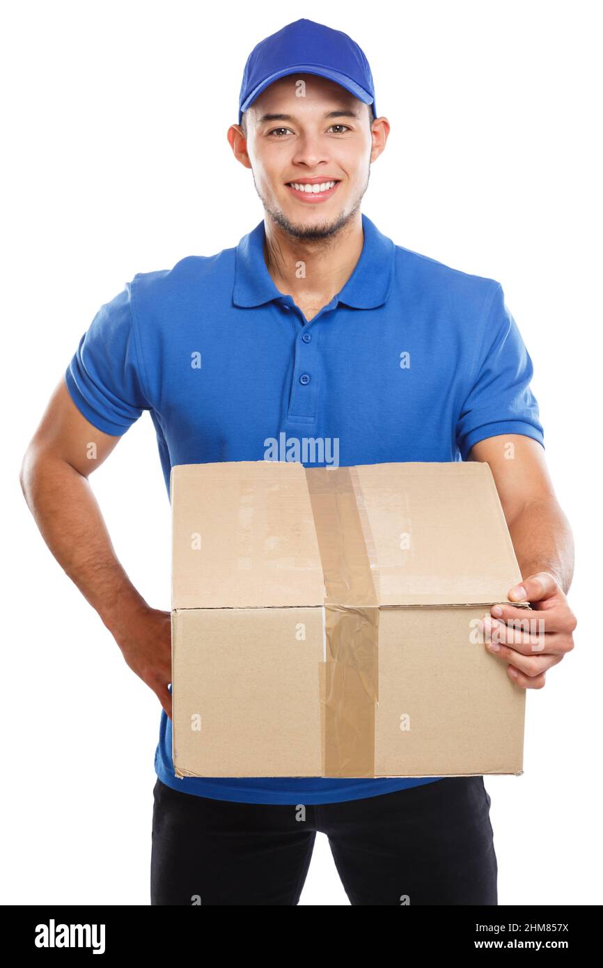 Paketzustellung Paketauftrag liefern Job Ausbildung junger latein Mann isoliert auf weißem Hintergrund Stockfoto