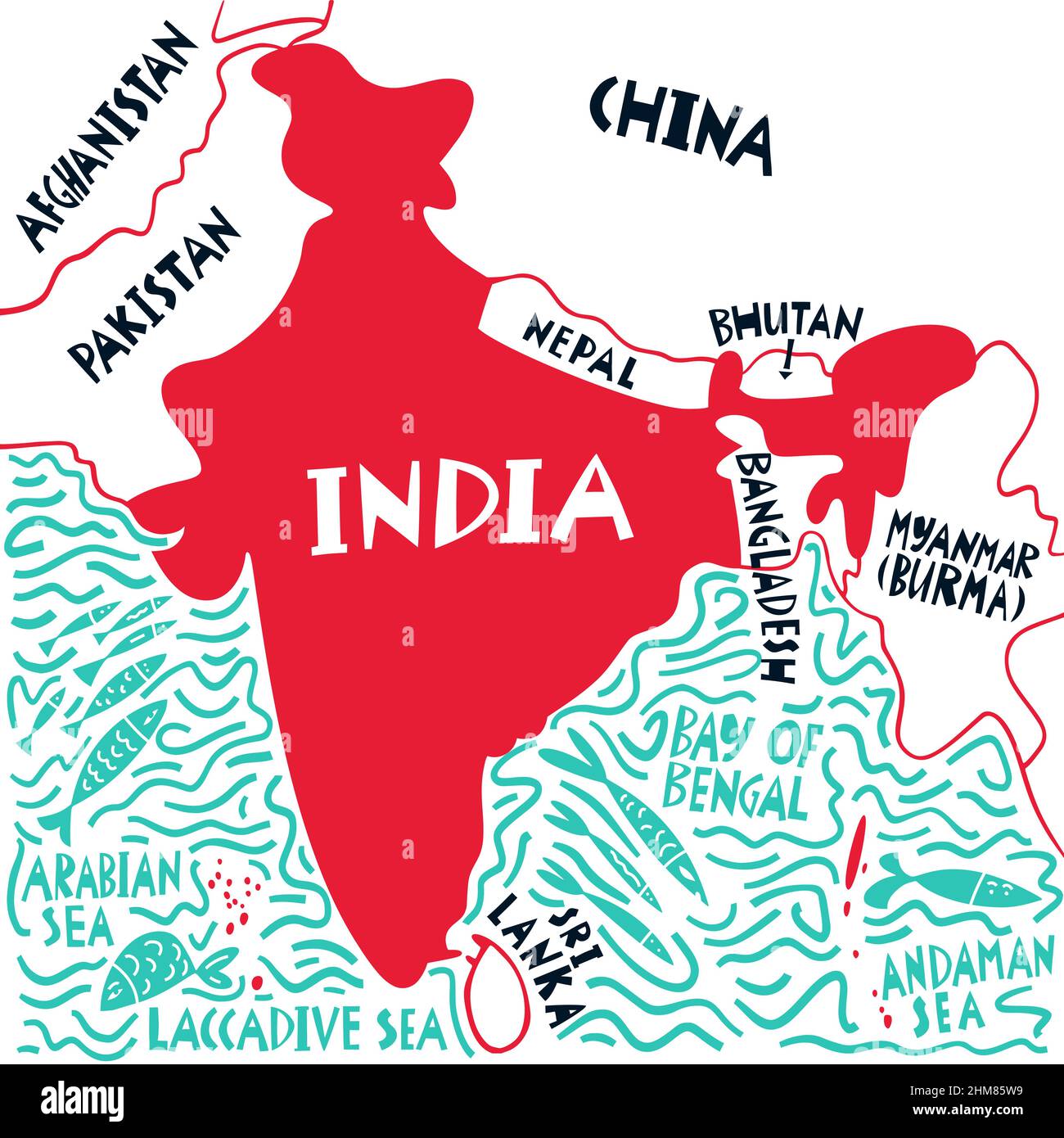 Vektor Hand gezeichnete stilisierte Karte der indischen Nachbarn Länder und Gewässer. Reiseabbildung. Darstellung der Geographie der Republik Indien. Asien Karte eleme Stock Vektor