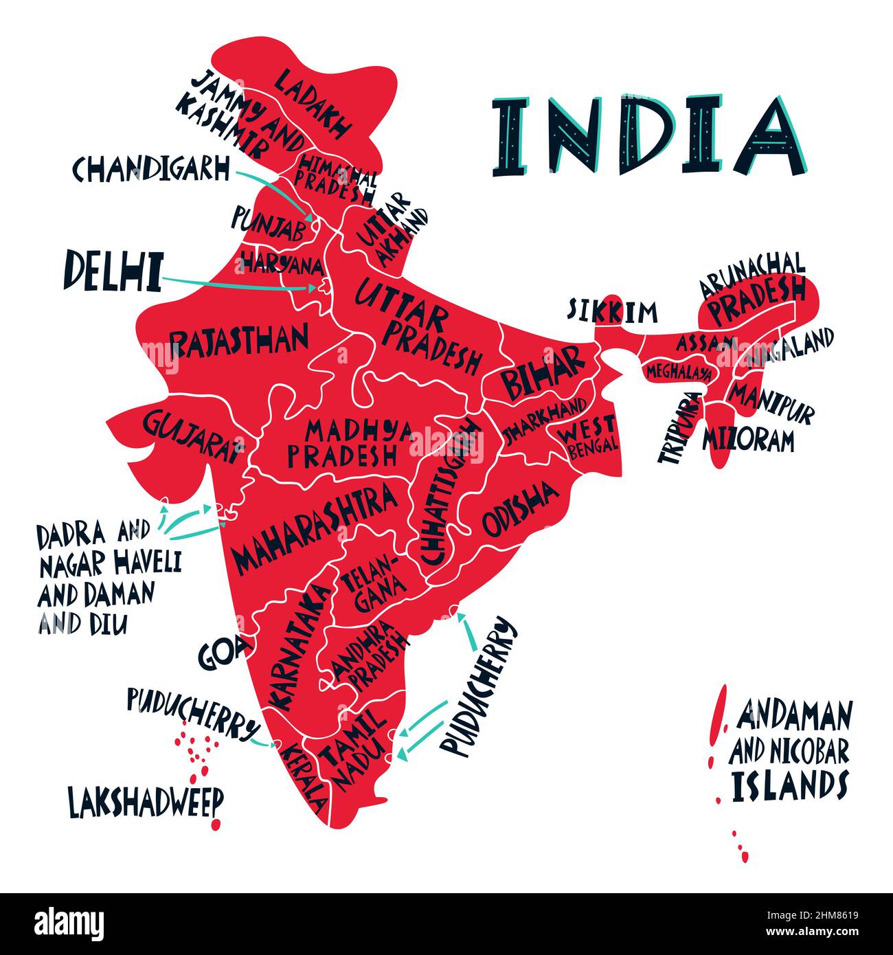 Vektor Hand gezeichnete stilisierte Karte der indischen Staaten und Territorien. Reiseabbildung. Darstellung der Geographie der Republik Indien. Asien-Kartenelement Stock Vektor