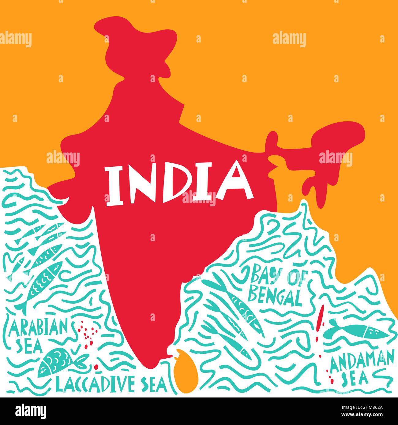 Vektor Hand gezeichnete stilisierte Karte der indischen Region mit Wasser Namen. Reiseabbildung. Darstellung der Geographie der Republik Indien. Asien-Kartenelement Stock Vektor