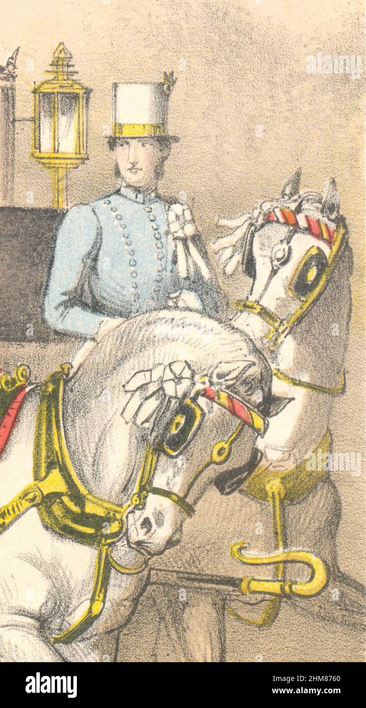 Detail aus Wedding March Musikcover, das das Postilion und die Pferde in Hochzeitsgefälligkeiten um 1868 zeigt Stockfoto