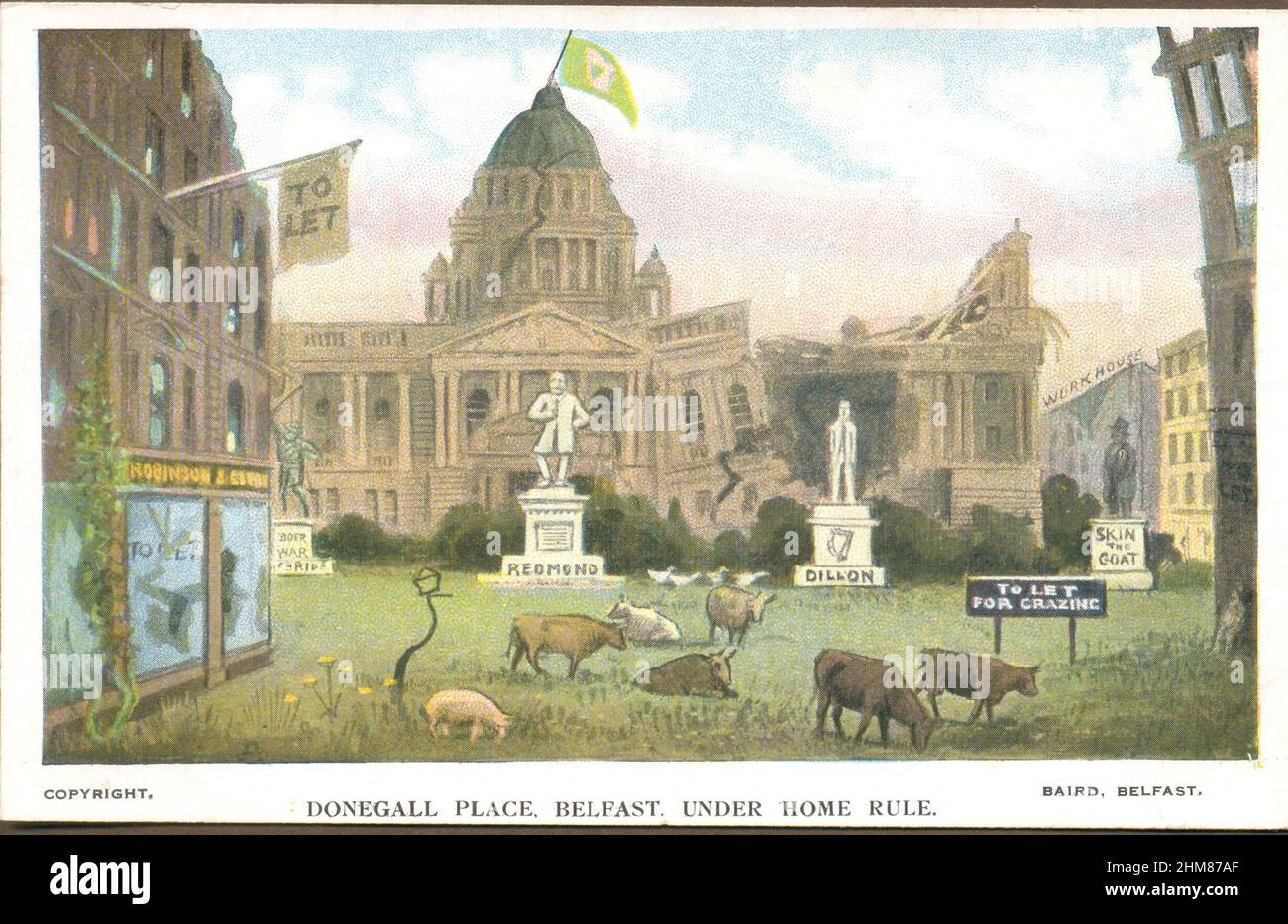 Satirische Postkarte mit Donegall Place, Belfast, unter Home Rule 1900s Stockfoto