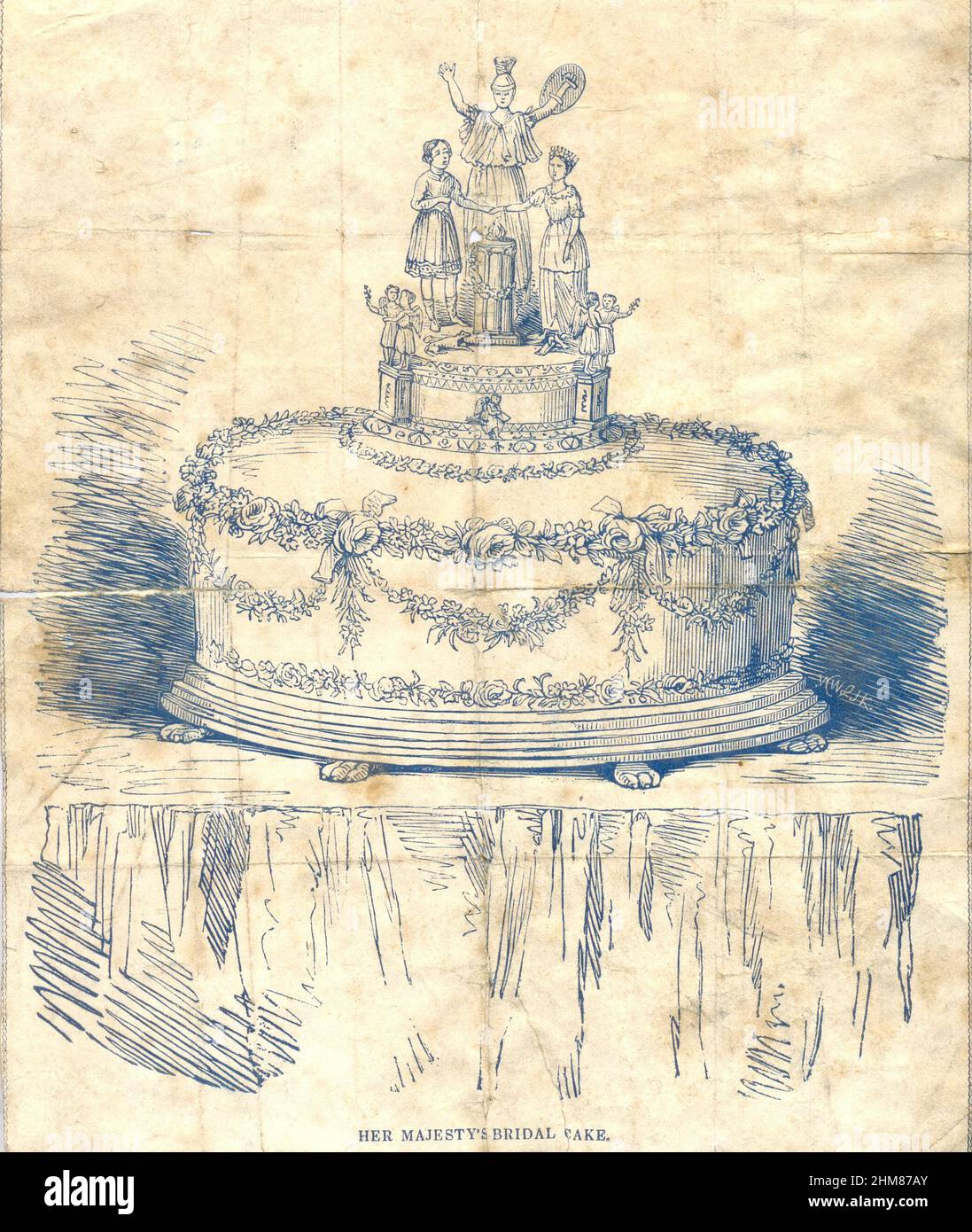 Design auf Papiertüte mit der obersten Stufe von Königin Victorias Hochzeitstorte 10. Februar 1840 Stockfoto