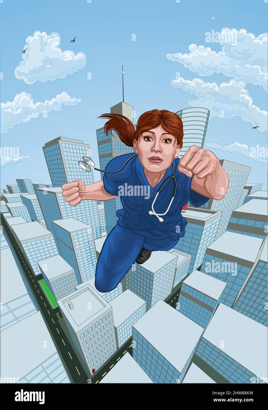 Doktor Krankenschwester Scrubs Superheld Fliegen Superheld Stock Vektor