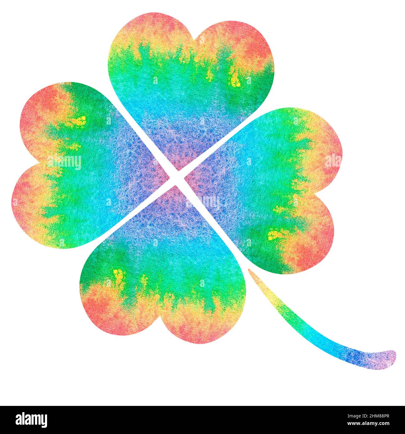 Regenbogen-Kleeblatt mit vier Blättern. St. Patrick's Day. Aquarelldarstellung. Isoliert auf weißem Hintergrund. Für Ihr Design. Stockfoto
