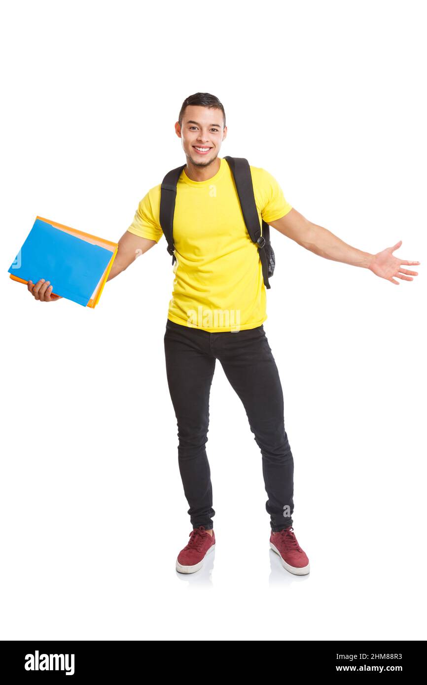 College Student junge latein Mann Ganzkörperportrait glücklich lächelnd isoliert auf einem weißen Hintergrund Stockfoto