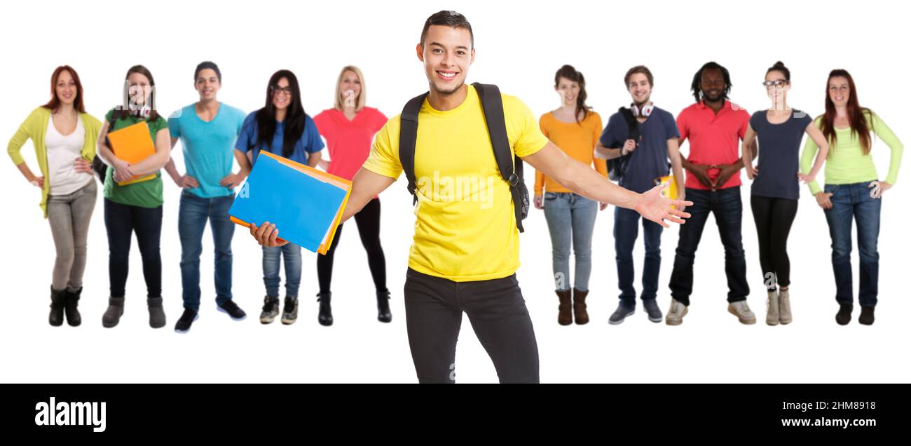 Gruppe von Studenten College-Student junge latein Mann Bildung glücklich lächeln isoliert auf einem weißen Hintergrund Stockfoto