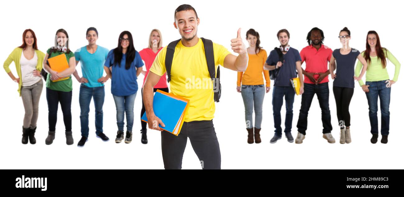 Gruppe von Studenten College Student jungen Erfolg erfolgreiche Daumen hoch lächeln isoliert auf einem weißen Hintergrund Stockfoto