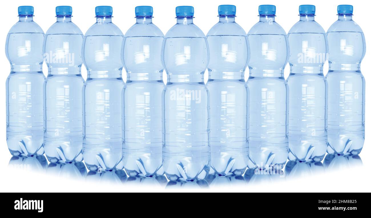 Wasserflaschen-Sammelgruppe isoliert auf weißem Hintergrund Stockfoto