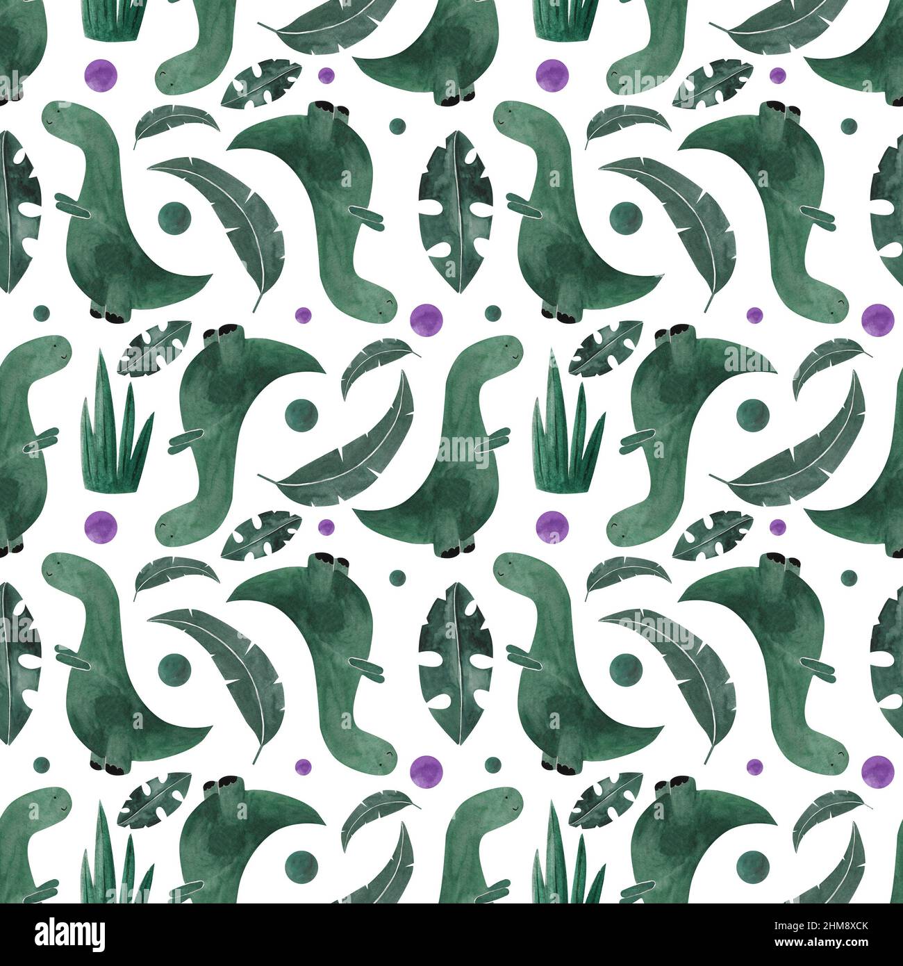 Grüne Dinosaurier-Muster, Aquarell nahtlose Muster, Dinosaurier und tropische Blätter auf weißem Hintergrund, Aquarell handgezeichnete Illustration, Cartoon Stockfoto