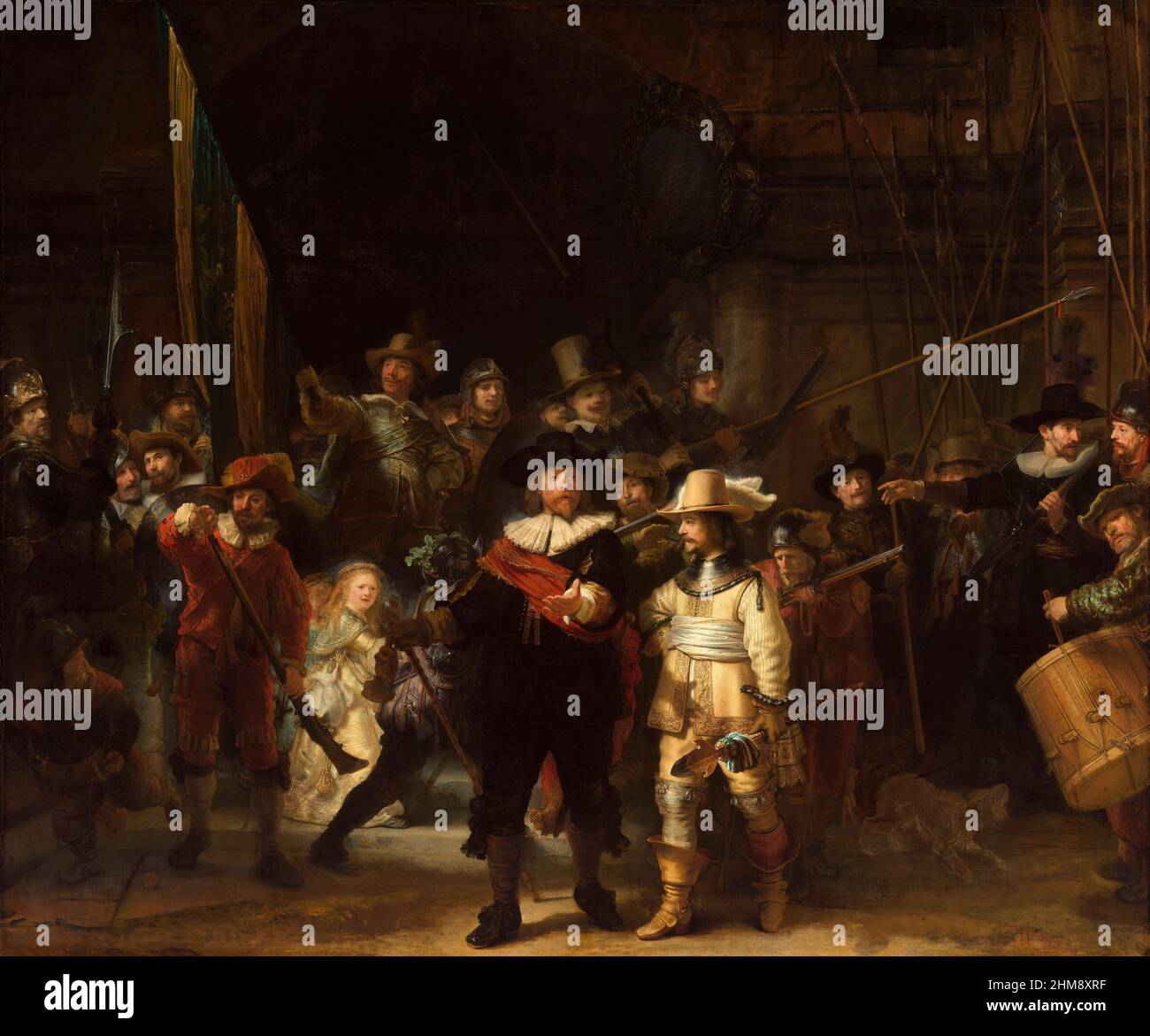 Miliz Company of District II unter dem Kommando von Kapitän Frans Banninck Cocq und Leutnant Willem van Ruytenburch. Das Gemälde ist im Volksmund als "die Nachtwache" bekannt. Von Rembrandt Harmenszoon van Rijn, 1606 - 1669. Ausgestellt im Rijksmuseum, Amsterdam, Niederlande. Stockfoto