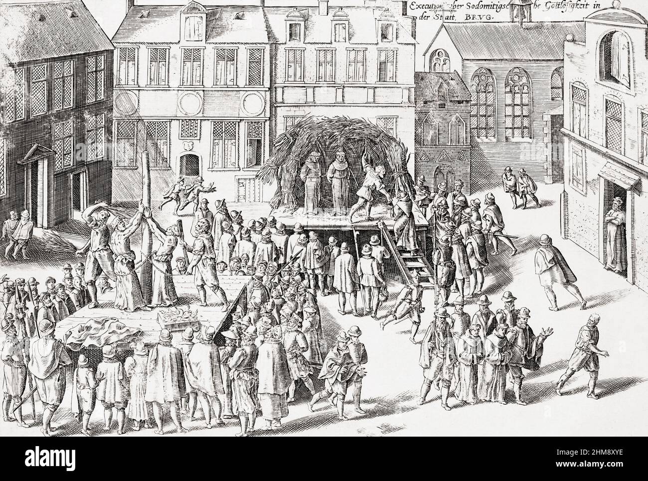 Die Hinrichtung von Sodomiten in Brügge, Belgien, Ende des 16th. Jahrhunderts. Nach einem Stich von Franz Hogenberg. Stockfoto