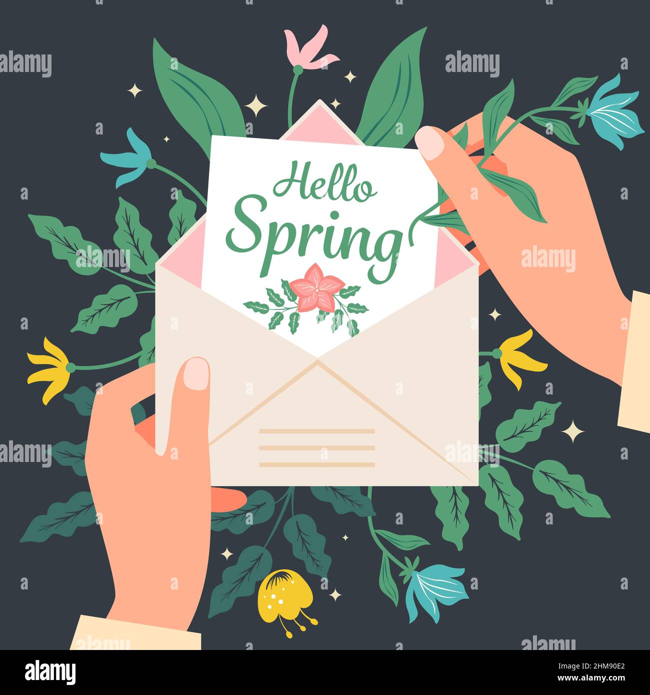 Hände halten einen Umschlag mit einer Grußkarte Hallo Frühling auf einem Hintergrund von Blumen. Vektorgrafik in einem flachen Stil. Stock Vektor