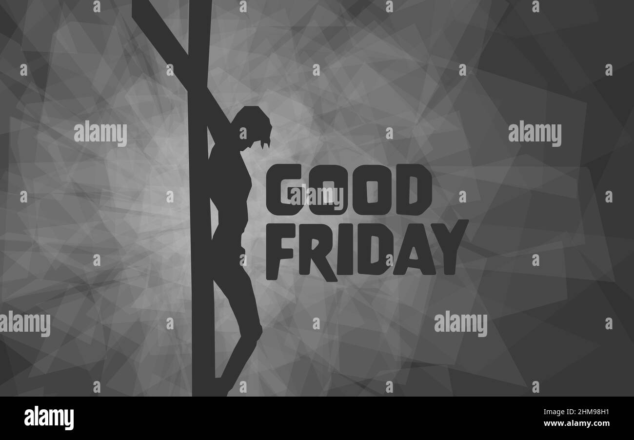 Karfreitag mit Jesus Christus am Kreuz mit leuchtendem geometrischen Hintergrund, in schwarz und weiß. Stock Vektor