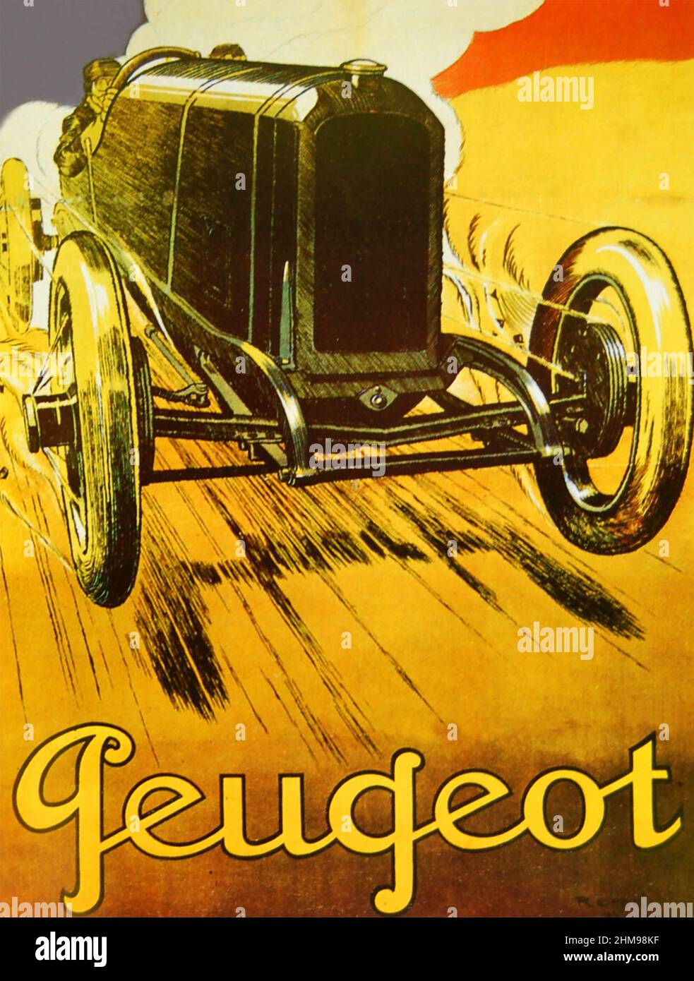 PEUGEOT Ein Plakat aus dem Jahr 1919 mit dem französischen Rennfahrer Georges Boillet und seinem Peugeot EX-5 Stockfoto