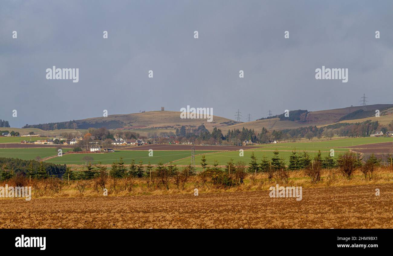 Dundee, Tayside, Schottland, Großbritannien. 8th. Februar 2022. UK Wetter: Ein schöner trockener Februarmorgen in Nordostschottland mit viel Sonnenschein und einer starken Brise, mit Höhen um 8 Grad Spektakuläre Ausblicke auf die Sidlaw Hills und reiche Farmflächen können in ländlichen Dundee während eines milden Winters gefunden werden. Die Sidlaw Hills und das Strathmore Valley von Dundee haben eine vielfältige Pflanzenwelt, bedeutende Altertümer und eine einzigartige Rolle in der Wissenschaftsgeschichte für ein 18th-Jahrhundert-Experiment zum „Wiegen der Erde“. Kredit: Dundee Photographics/Alamy Live Nachrichten Stockfoto