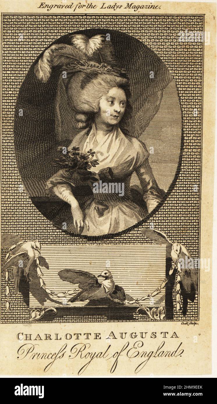Ovales Porträt von Charlotte Augusta Matilda als Prinzessin von England, 1766-1828. Älteste Tochter des verrückten Königs Georg III. Und Charlotte. Später Königin Charlotte von Württemberg. Büste mit aufgefrästen Haaren, geflautem Kopfschmuck, Fichu und niedrig geschnittenem Kleid mit großer Blumengirlande. Kupferstich von Thomas Cook nach einem Porträt im Lady's Magazine, London, 1786. Stockfoto