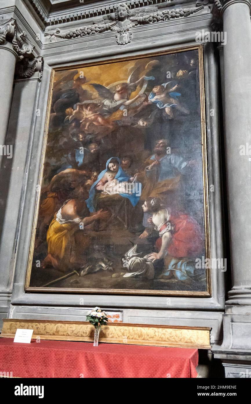 Kloster von San Francesco Kirche, Innenraum, Gemälde die Geburt von Rafaello Vanni XVII Jahrhundert, Cortona, Toskana, Italien, Europa Stockfoto