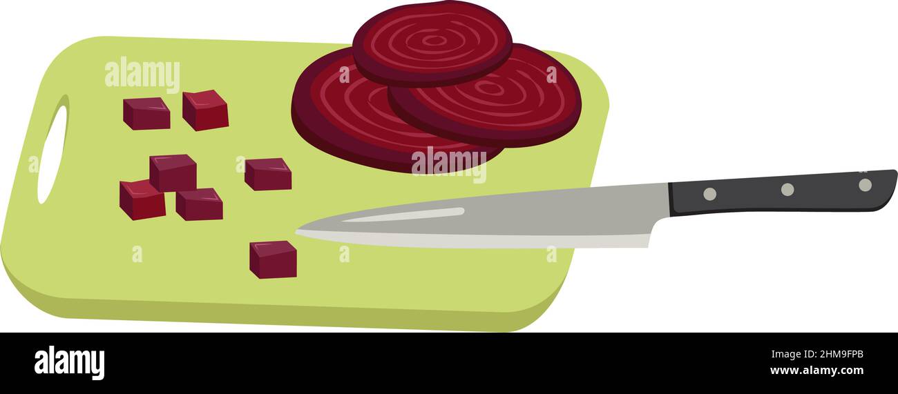 Rote Rübenscheiben und Würfel, die mit einem Messer an Bord geschnitten wurden. Gesundes Gemüse und leckeres Essen für Salat, Kochen. Vektorgrafik flach Stock Vektor