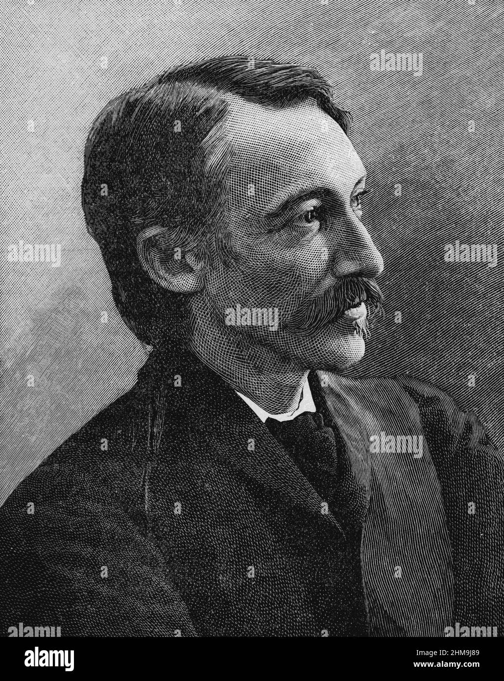 Schwarz-Weiß-Illustration; Porträt von Robert Louis Stevenson, schottischer Schriftsteller, Essayist, Dichter und Reiseschriftsteller Stockfoto