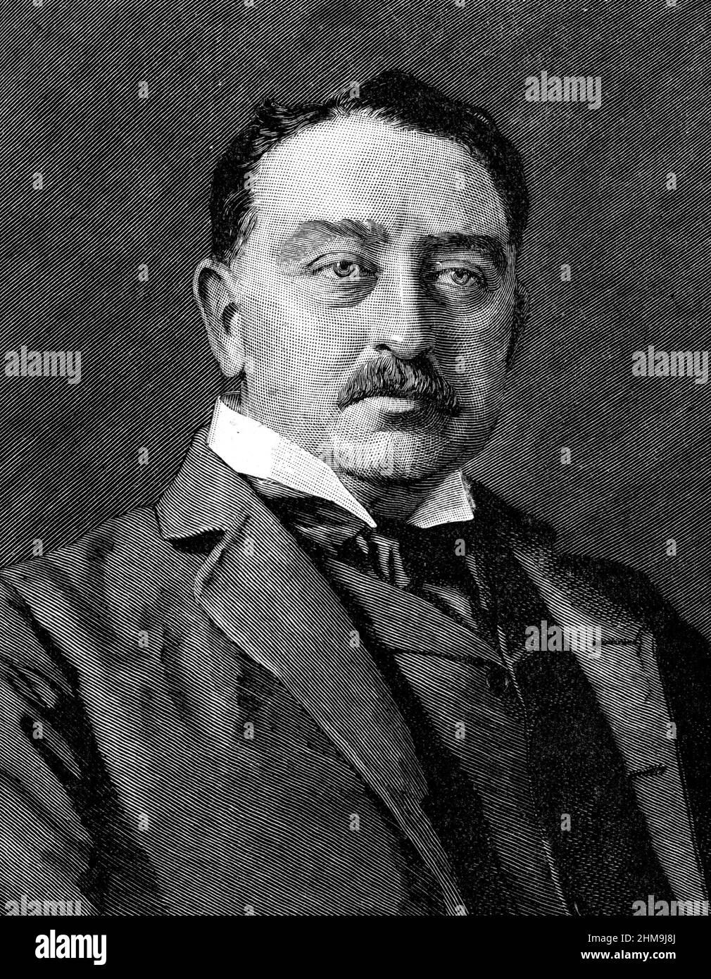 Schwarz-Weiß-Illustration; Porträt von Cecil Rhodes, dem britischen Bergbaumagnaten und Politiker im südlichen Afrika, dem britischen Premierminister der Kapkolonie Stockfoto