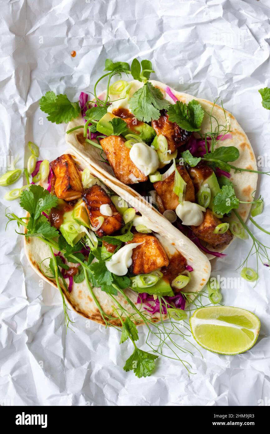 Tacos mit Lachs, eingelegtem Rotkohl, Wasabi-Mayo und Erbsensprossen Stockfoto