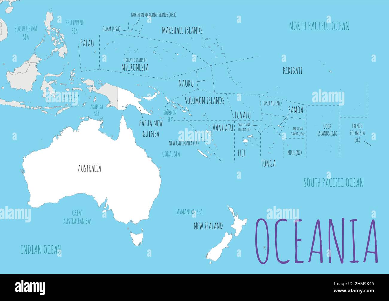 Politische Ozeanien Karte Vektordarstellung mit Ländern in weißer Farbe. Editierbare und klar beschriftete Ebenen. Stock Vektor