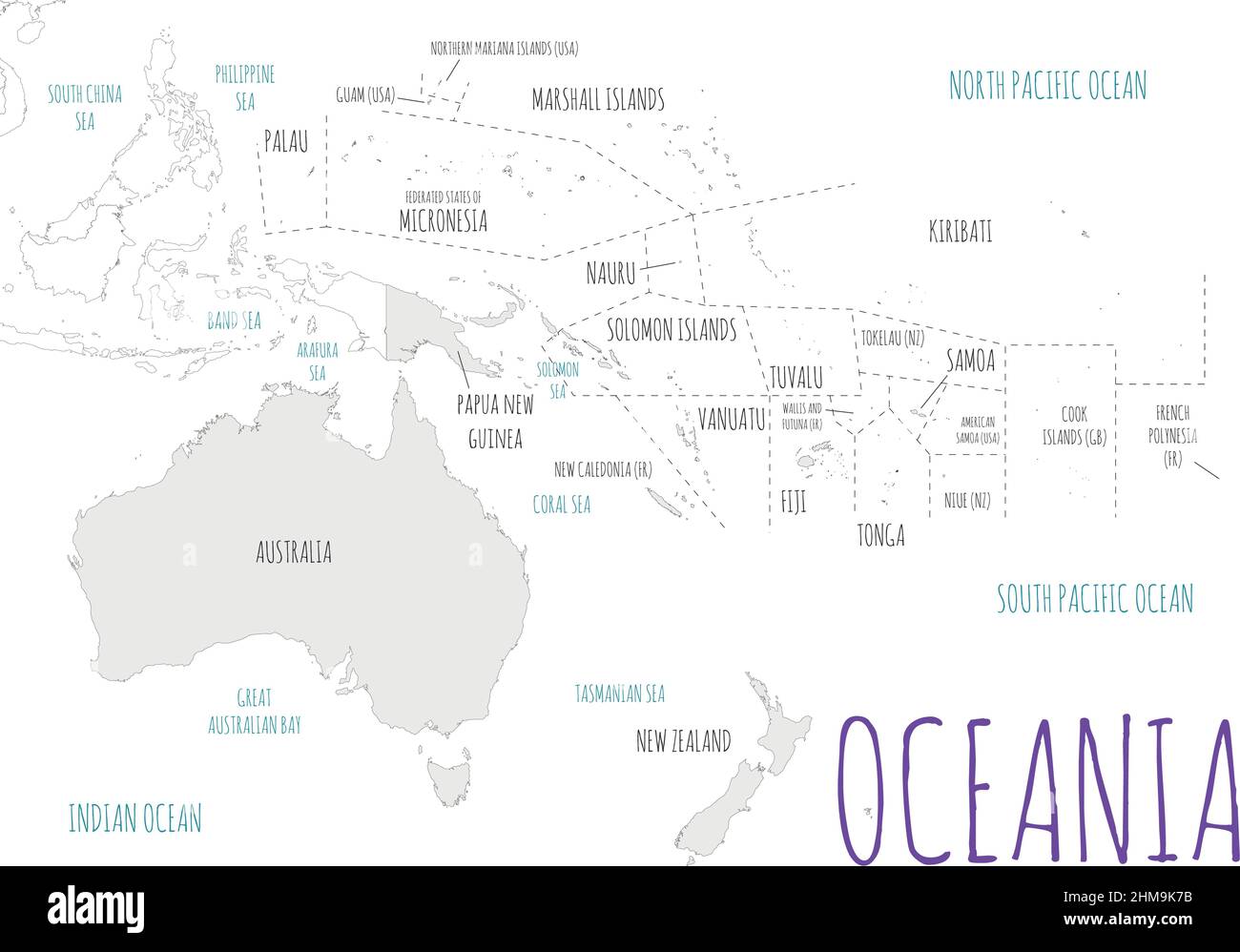 Politische Ozeanien Karte Vektordarstellung isoliert auf weißem Hintergrund. Editierbare und klar beschriftete Ebenen. Stock Vektor